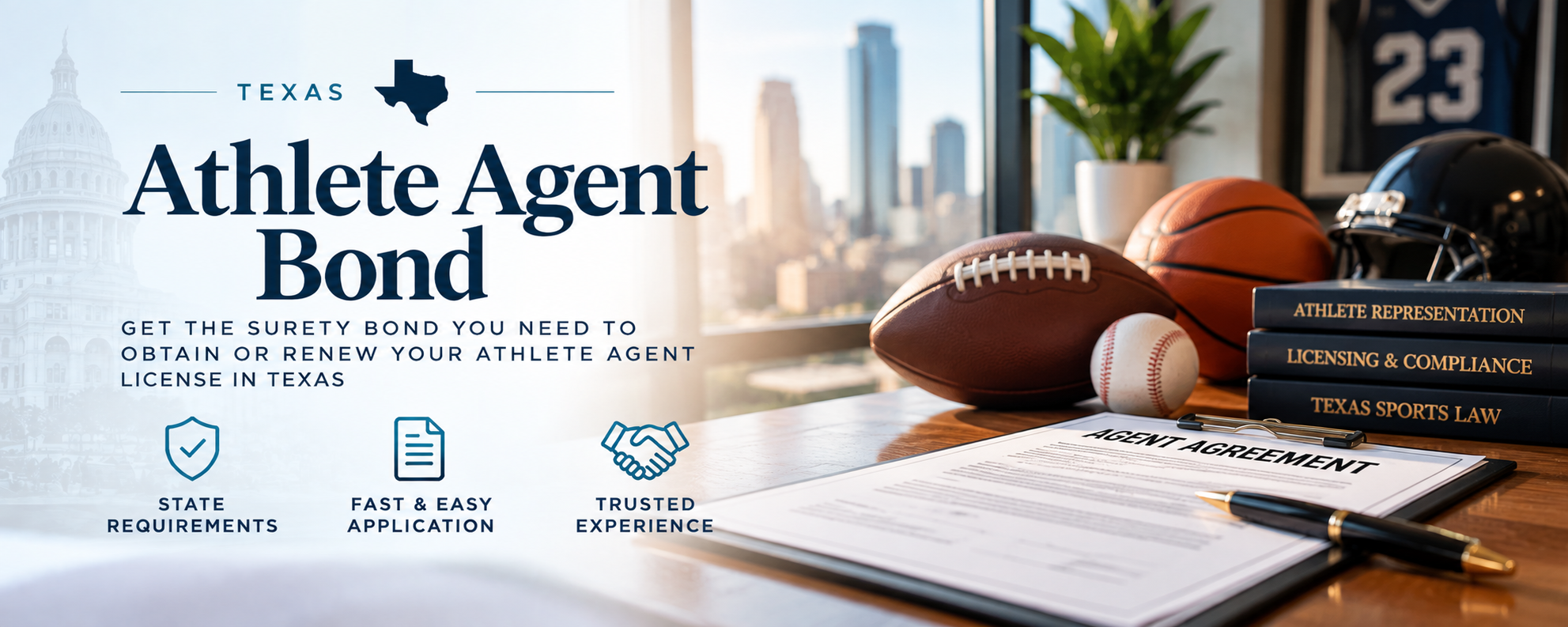 Texas athlete agent bond with sports equipment and agent agreement documents