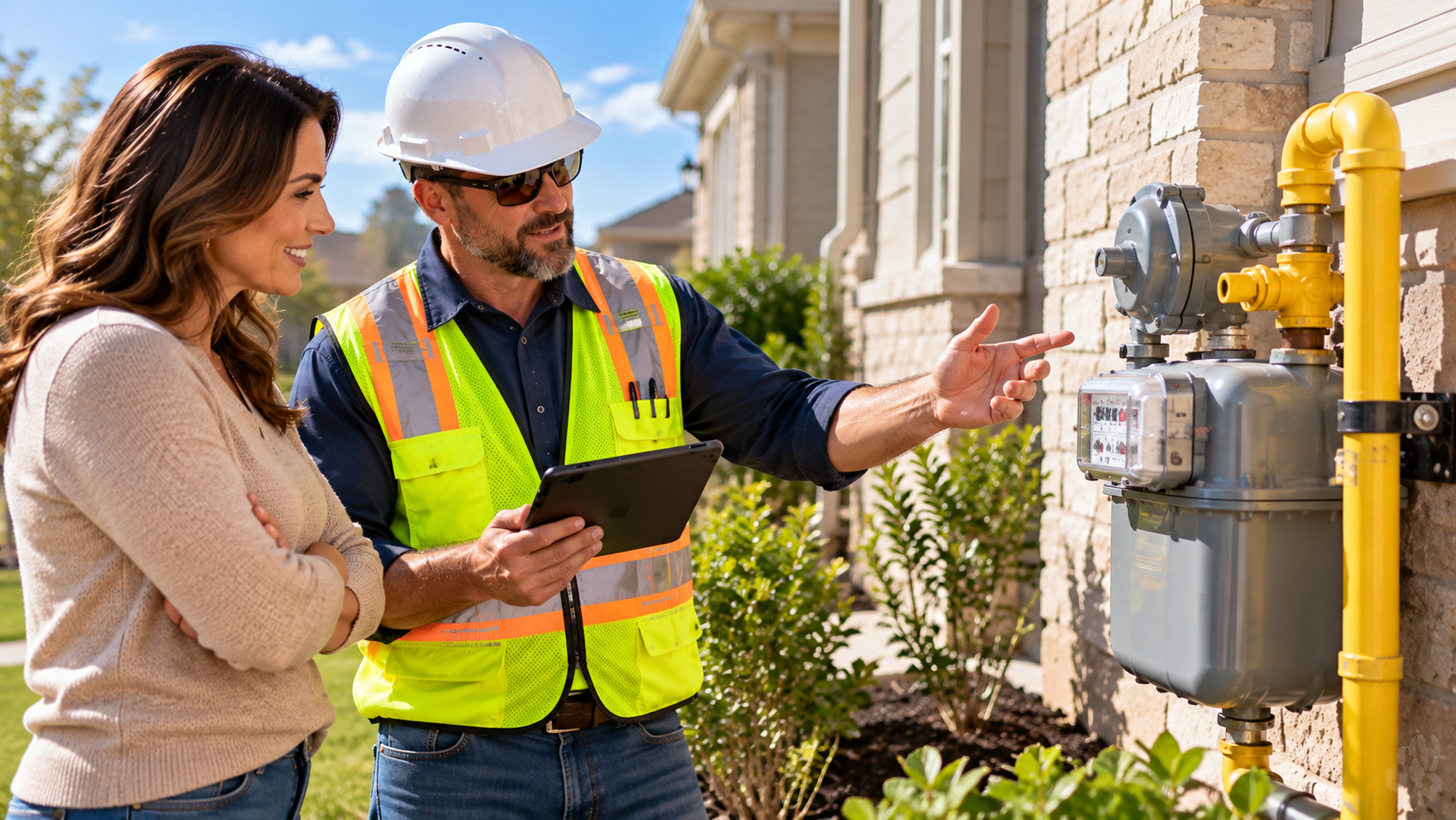 Natural gas utility technician discussing service connection with a Texas homeowner