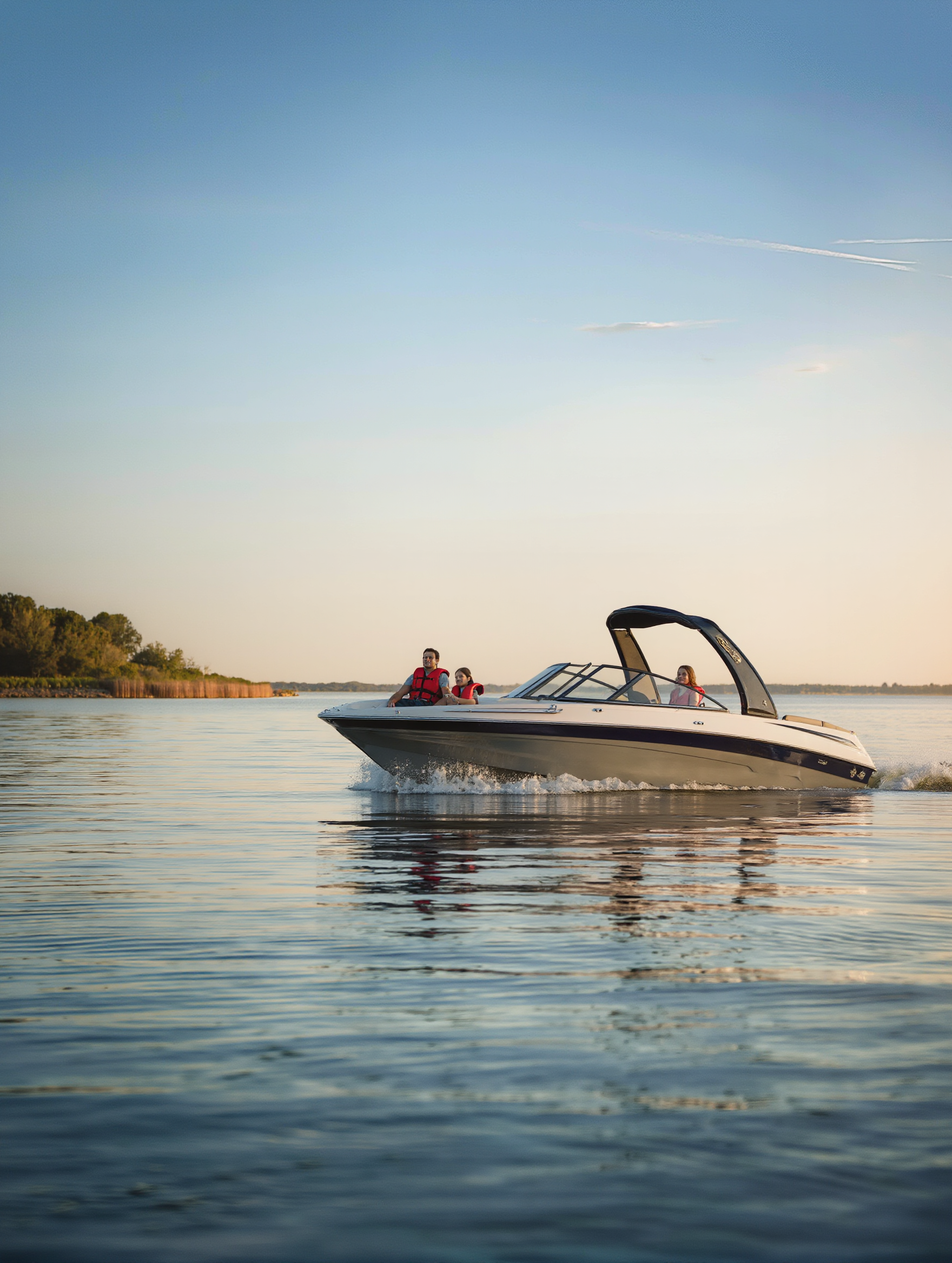 Family boating at sunset on a North Texas lake — home, auto and boat insurance for Rowlett and Lake Ray Hubbard