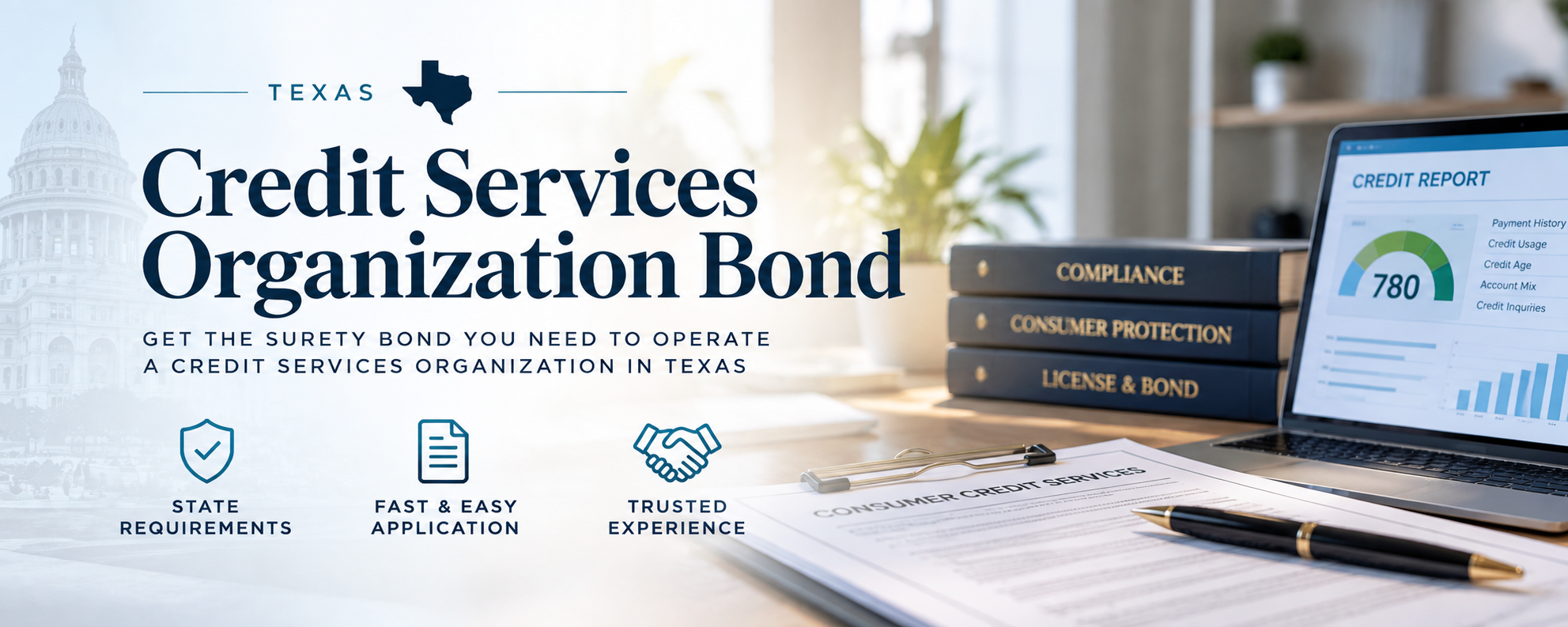 Texas credit services organization bond with credit report and compliance documents