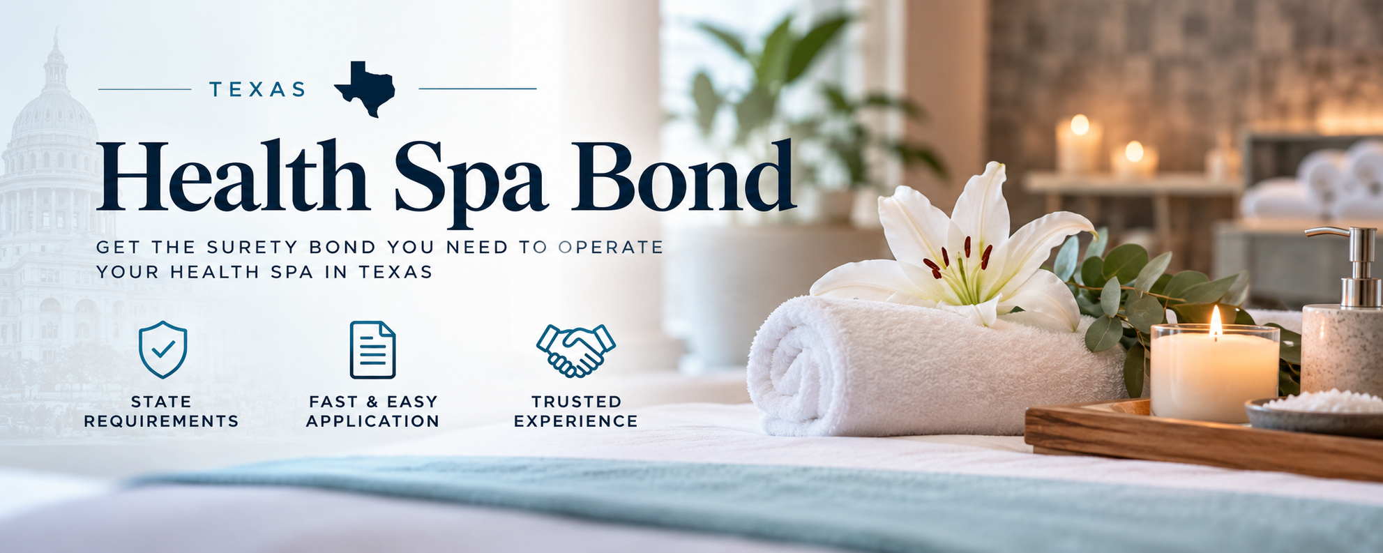 Spa treatment room with towels and flowers for a Texas health spa bond page