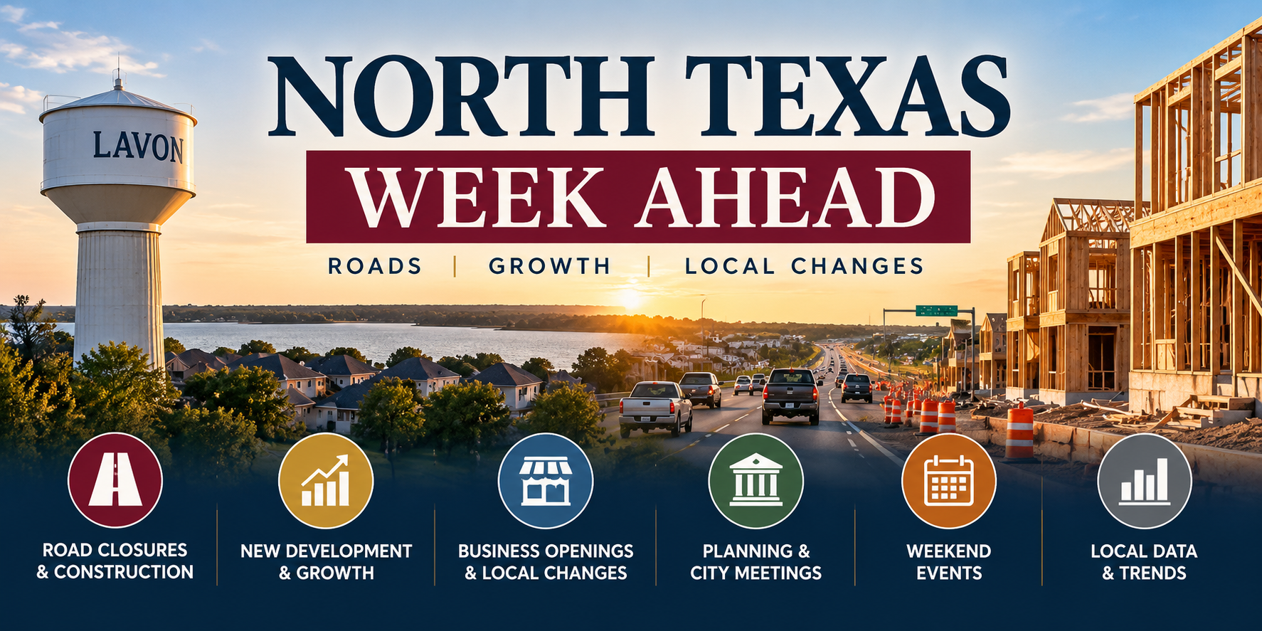 North Texas Week Ahead graphic featuring Lavon, road construction, new development, business openings, city meetings, weekend events and local data