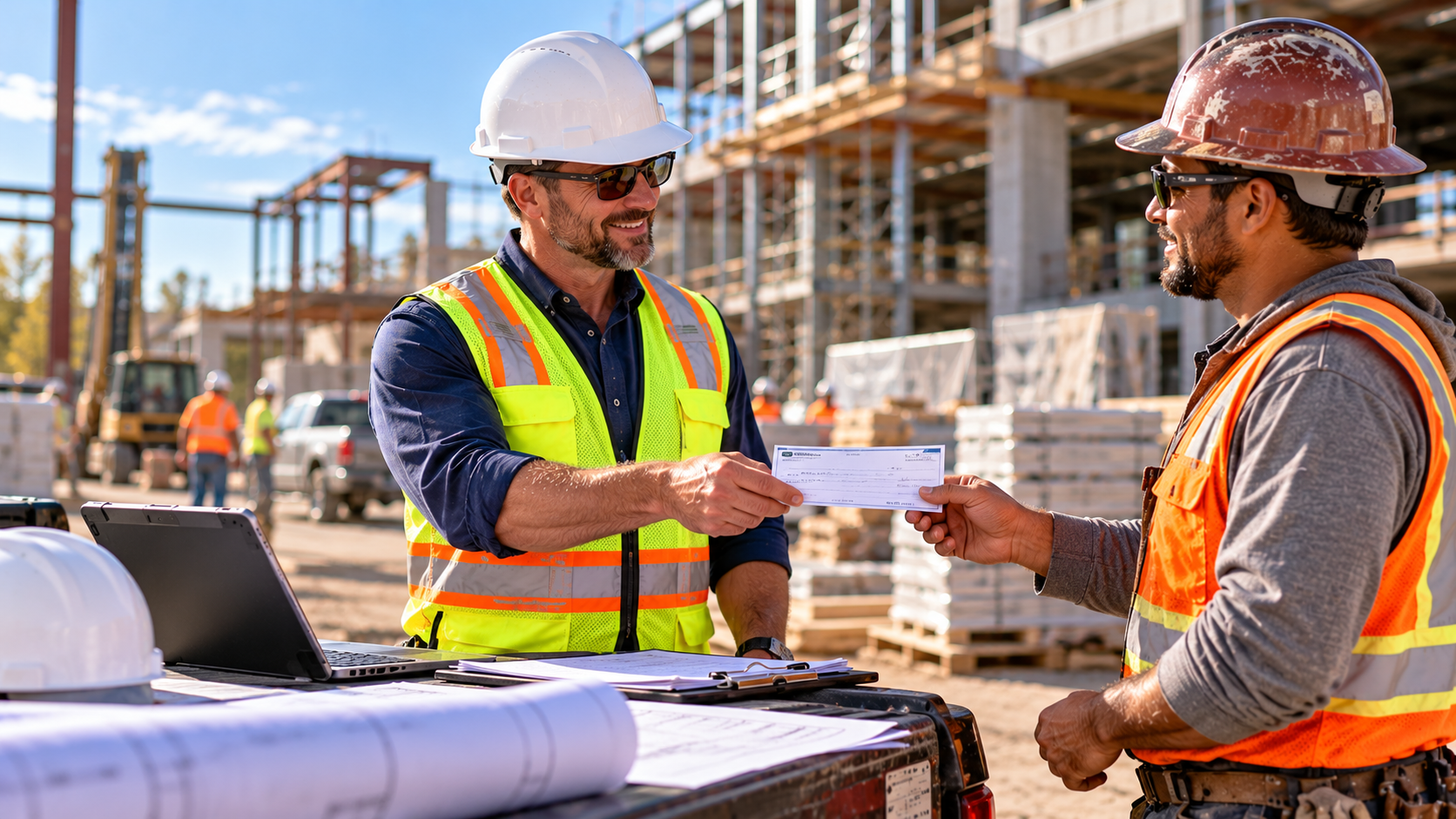 Project manager providing payment to a subcontractor at a commercial construction site