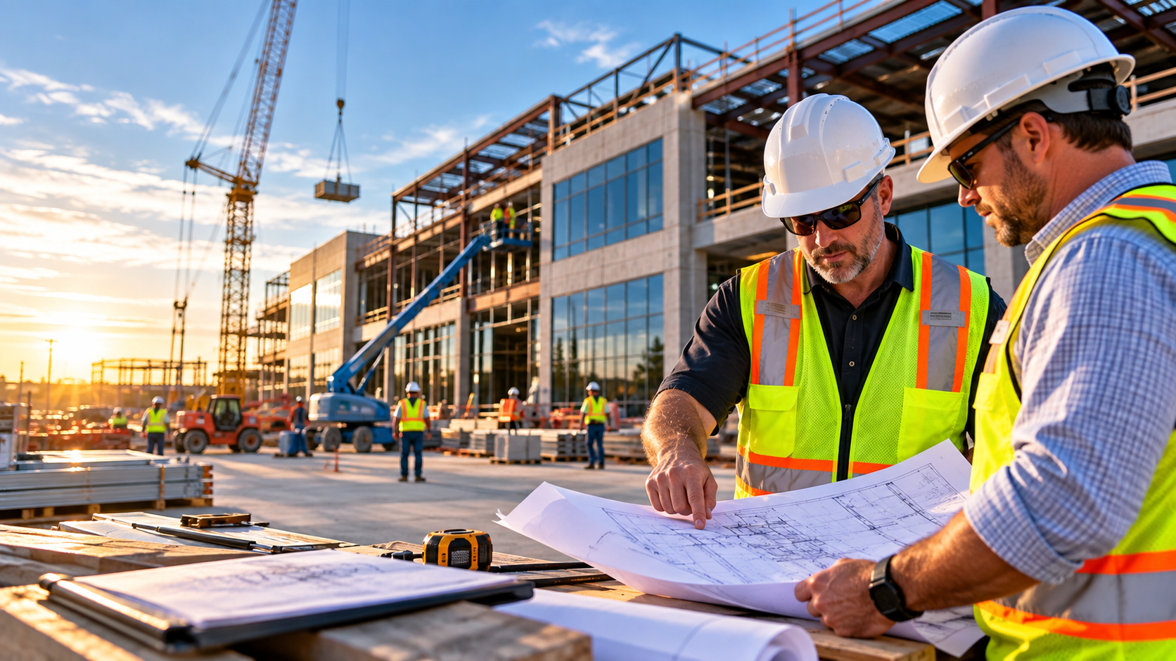 Contractors reviewing construction plans at a commercial construction site for a performance bond