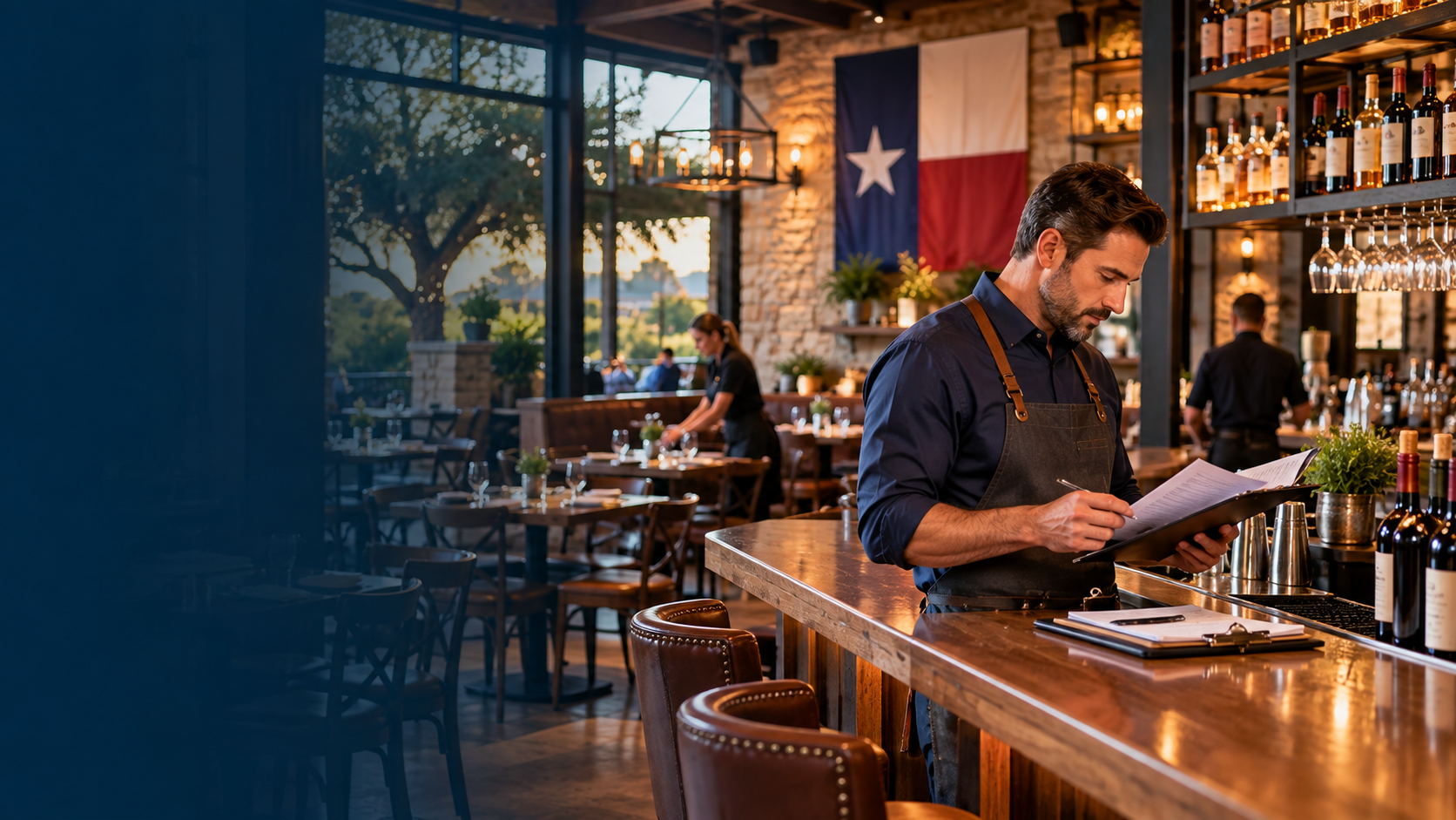 Texas restaurant owner reviewing licensing paperwork at a bar