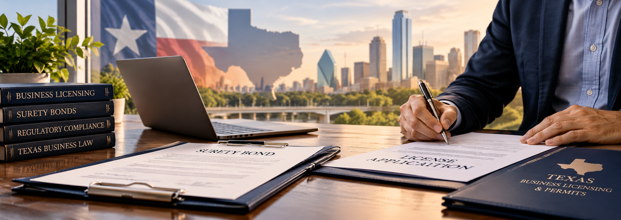 Texas business owner reviewing license and surety bond paperwork for regulated business requirements