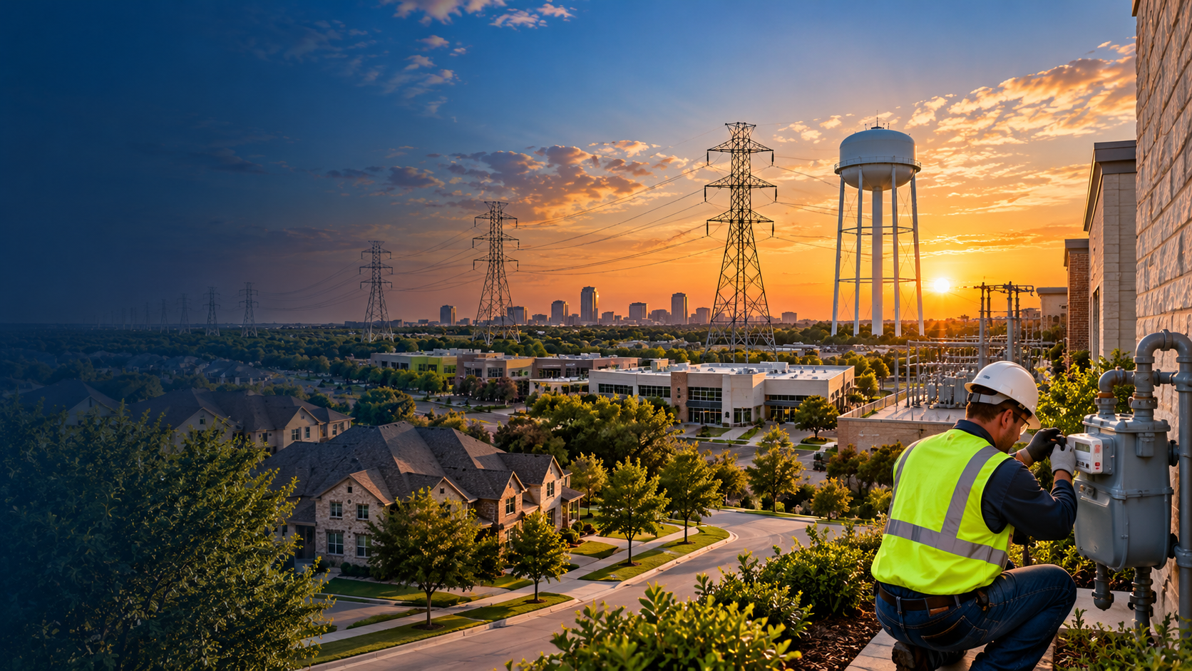 Texas neighborhood with electric transmission lines, water tower and utility technician servicing a natural gas meter
