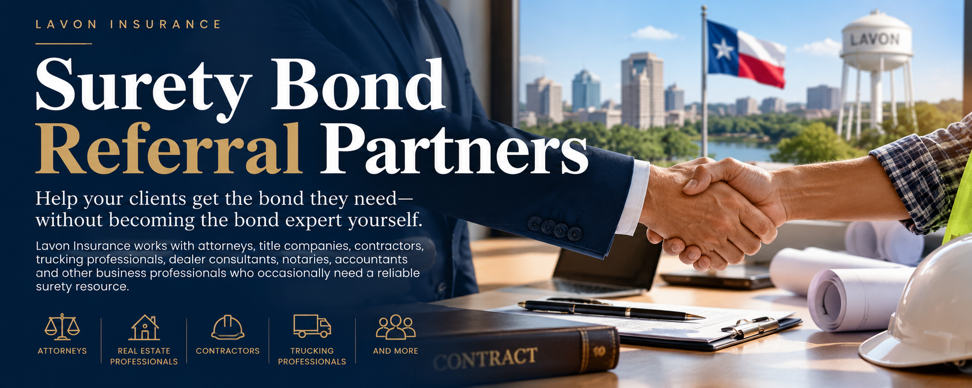 Business professional and contractor shaking hands for a surety bond referral partnership in Texas
